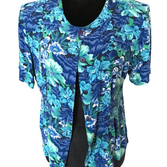 Sarah Taylor Floral Crepe Blouse: Vintage Blue Flowery Rayon Tunic, Size M - Picture 1 of 8